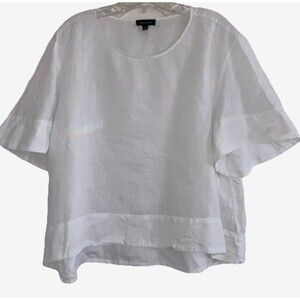 LORD & TAYLOR sz L Solid White 100% Linen Top Bell Short Sleeve Boxy Relaxed Fit